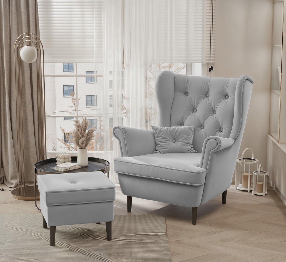 OHRENSESSEL SCANDI mit hocker, Samt Grau - Grau, Holz/Textil (75/97/57cm) - Idohome