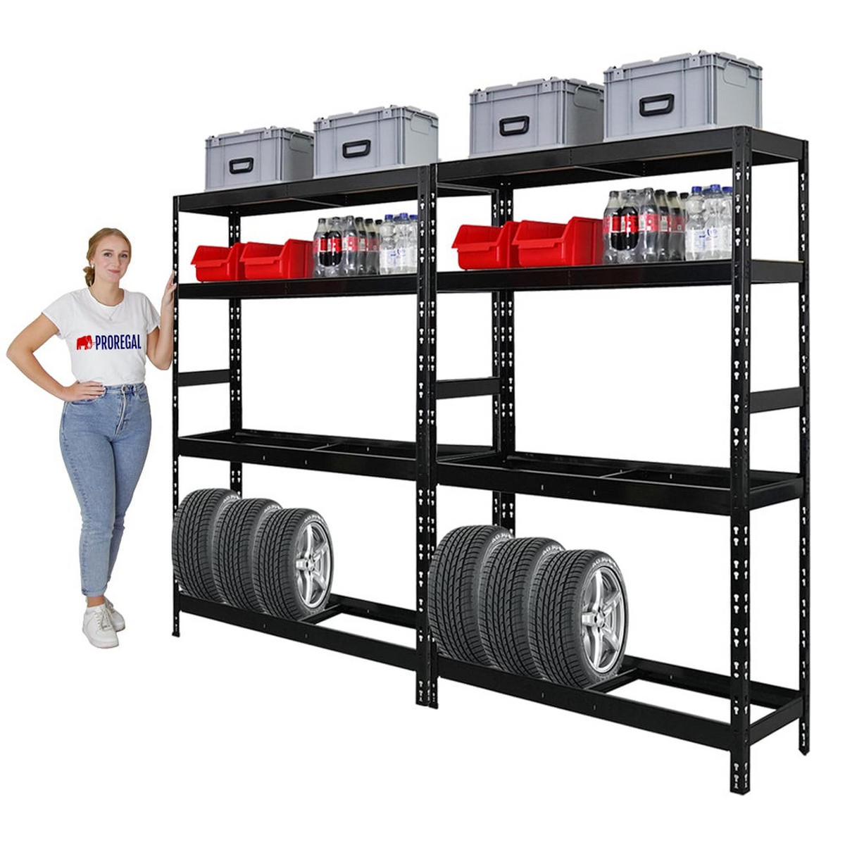 REIFENREGAL Tiger 2er-Set 180x120x40 cm bis zu 12 Reifen auf 2 Ebenen mit 2 Fachboden Schwarz - Schwarz, Metall (240/180/40cm) - PROREGAL