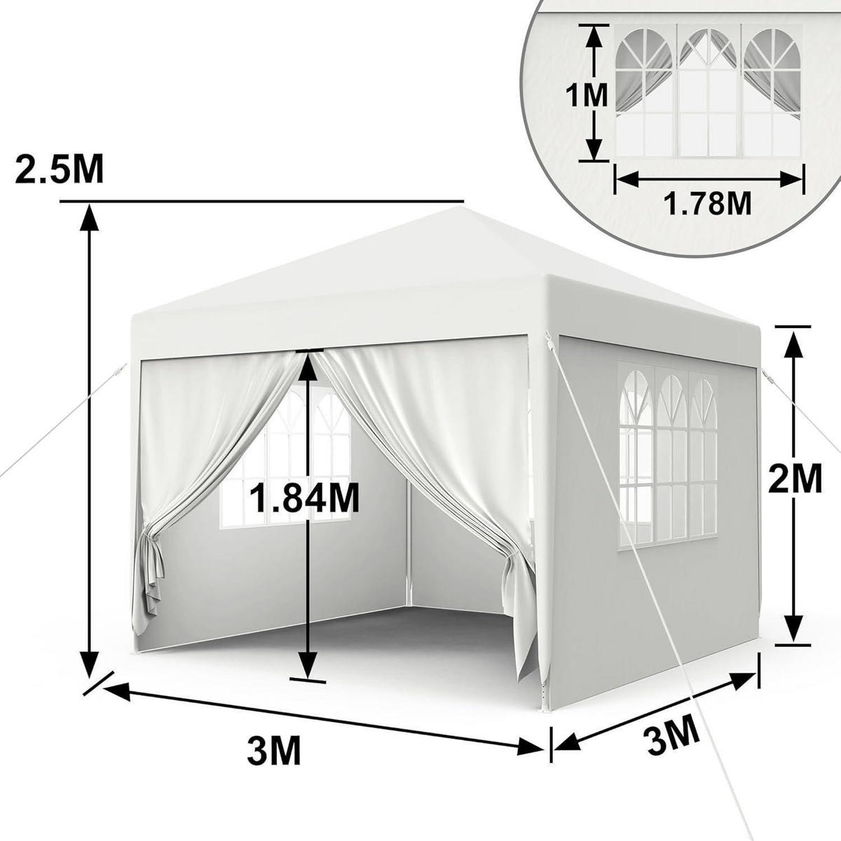 GARTENZELT 3 x 3 m mit Seitenteilen und Fenstern Weiß - Weiß, Textil (300/250/300cm)