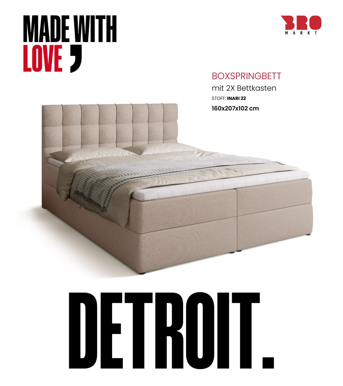 BOXBETT Detroit mit Topper 160/200 Beige - Creme, Textil (160/200cm) - Bromarkt