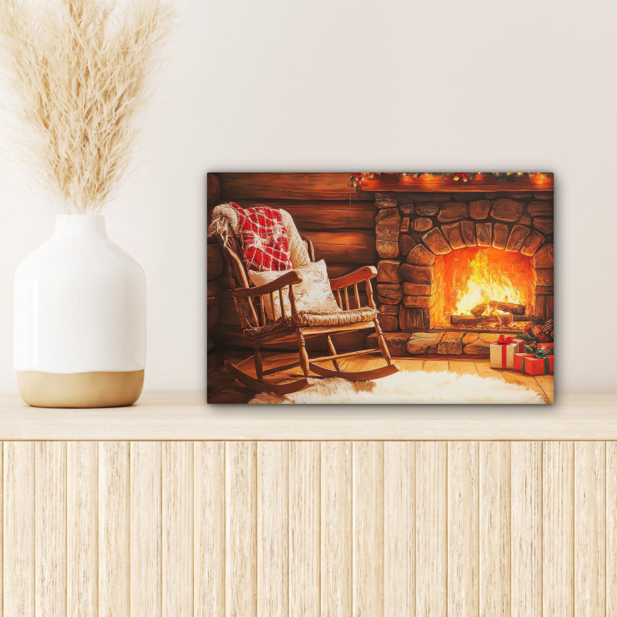 LEINWANDBILD Winter - Weihnachten - Zuhause - Kamin Deko Schlafzimmer 30x20 cm - Bernsteinfarben, Textil (30/20cm) - MuchoWow