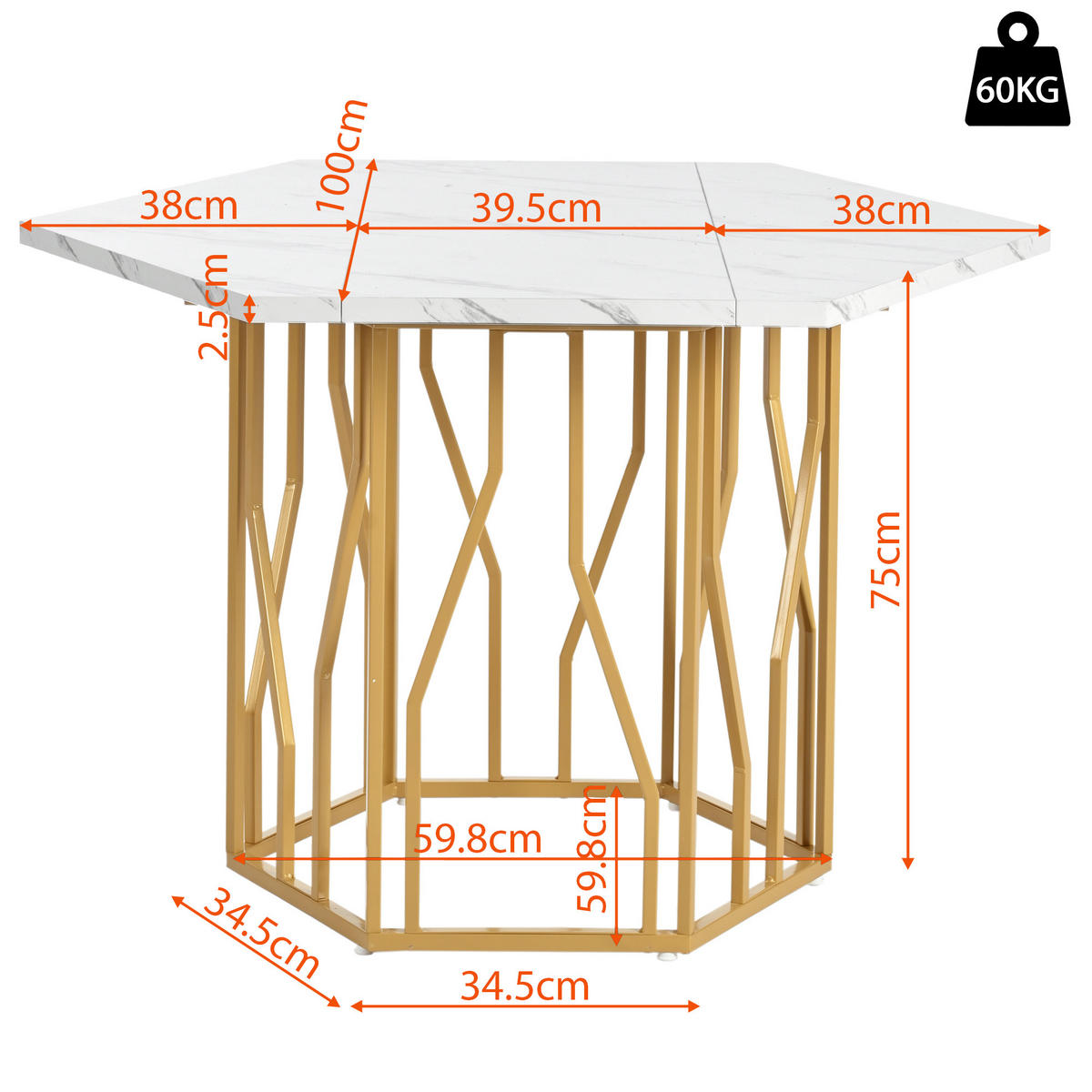ESSTISCH 115,5/100 cm sechseckig mit Marmormuster und goldenem Metallgestell - Weiß, Holzwerkstoff (100/115.5/75cm) - OKWISH