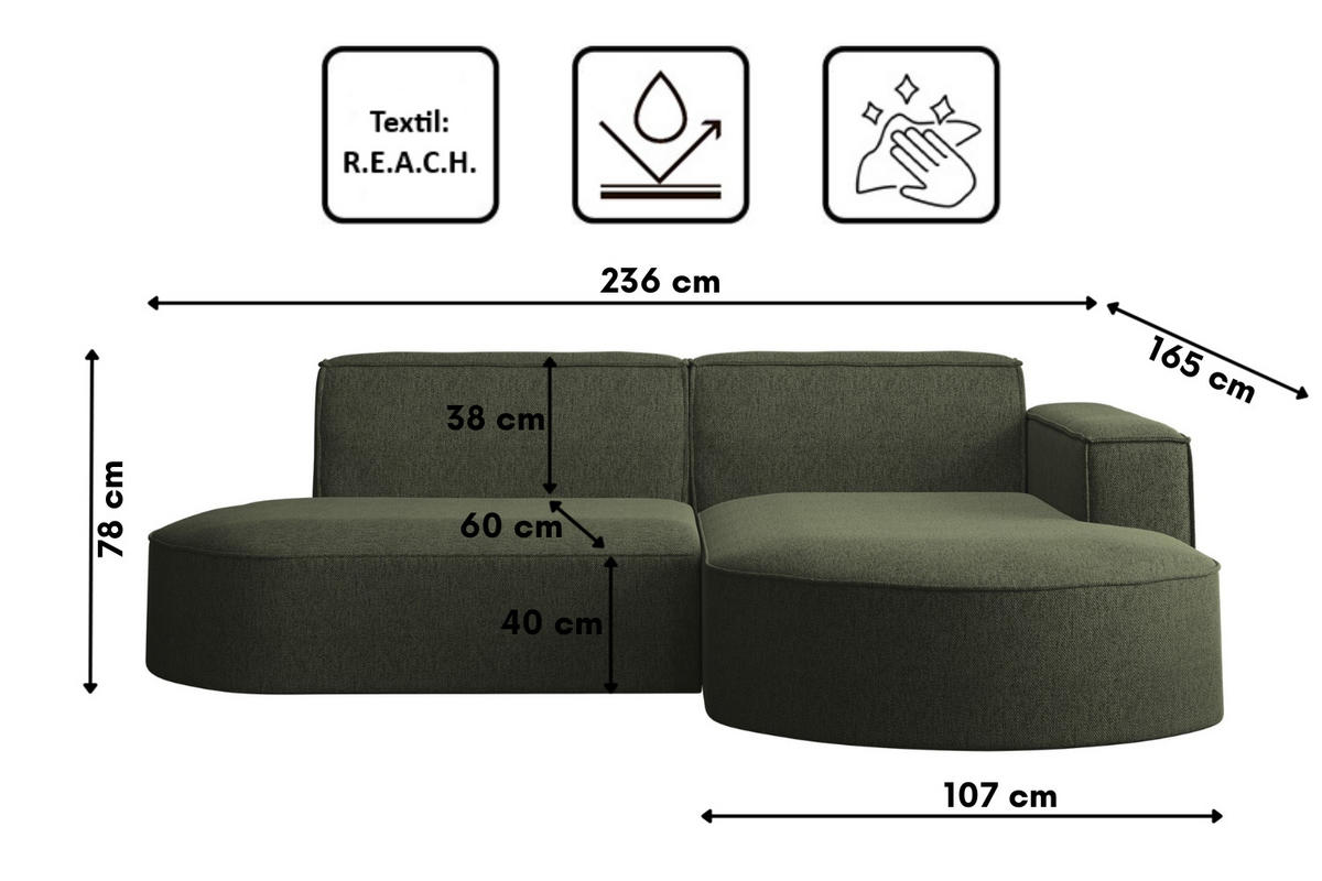 ECKSOFA MODENA L STUDIO Stoff Verita Dunkelgrün Rechts - Dunkelgrün, Holz (236/165cm) - Kaiser Möbel