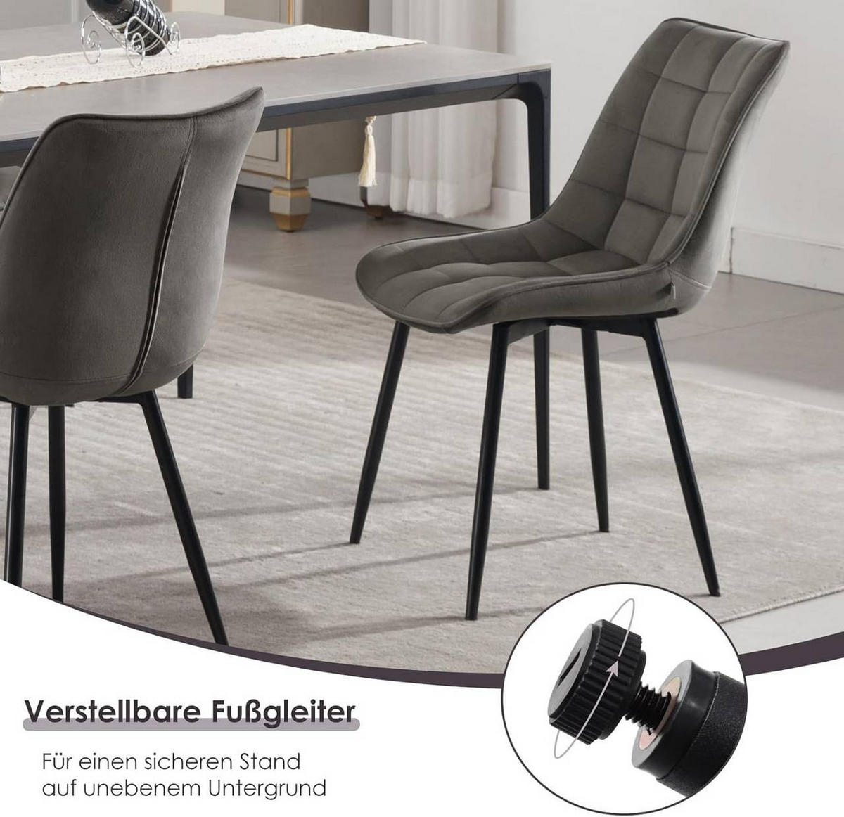 ESSZIMMERSTUHL 4er Set, Samt, Metallbeine, Dunkelgrau - Dunkelgrau/Schwarz, Textil/Metall (46/85.5/40.5cm) - Woltu