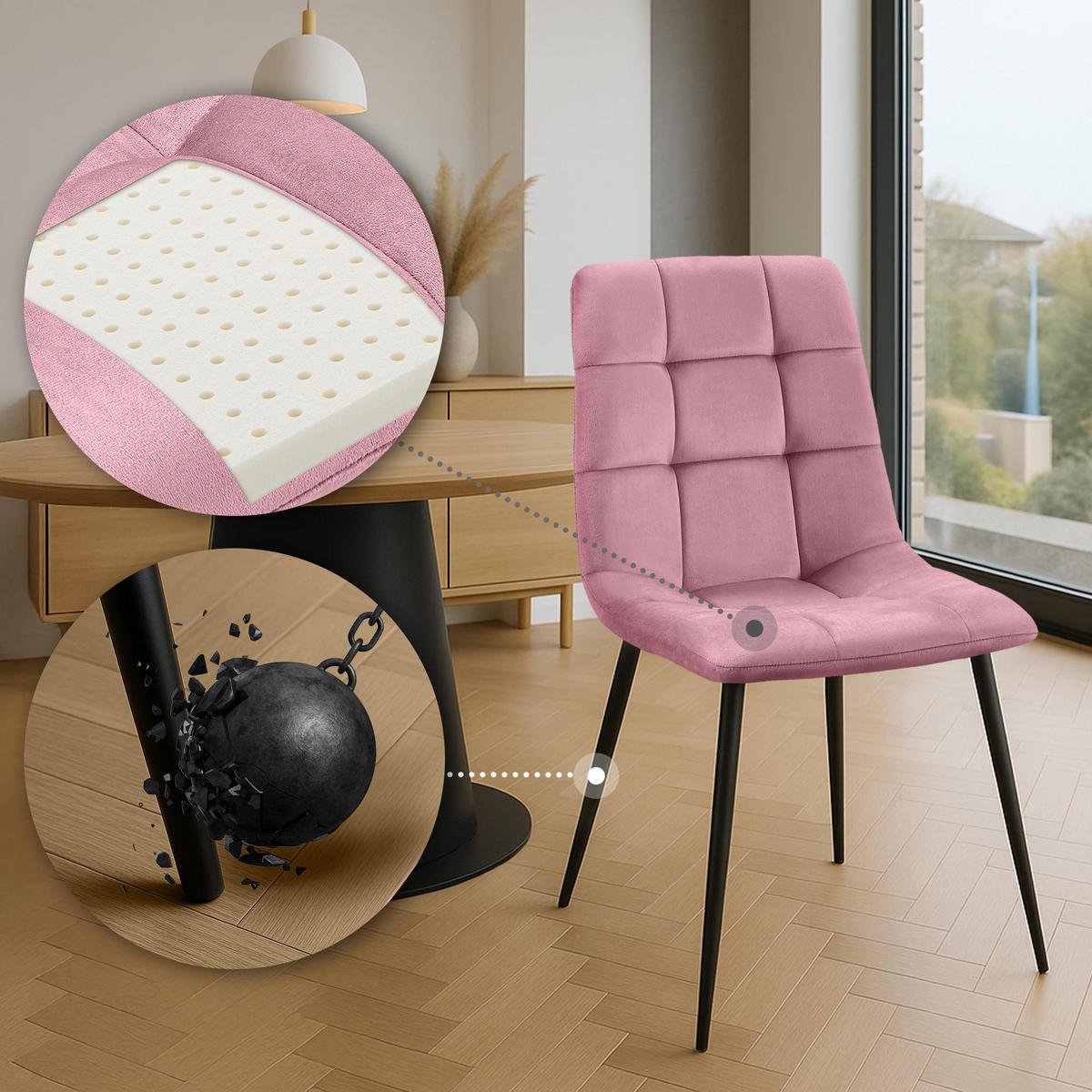 STUHL 4er Set Samt Rosa - Schwarz/Rosa, Textil/Metall (45/84/55cm) - CLP