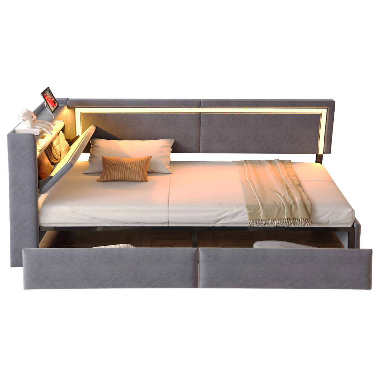 POLSTERBETT 90/200 cm aus Samt mit LED-Beleuchtung und USB-Anschlüssen Dunkelgrau - Dunkelgrau, Textil (90/200cm) - Modenvie