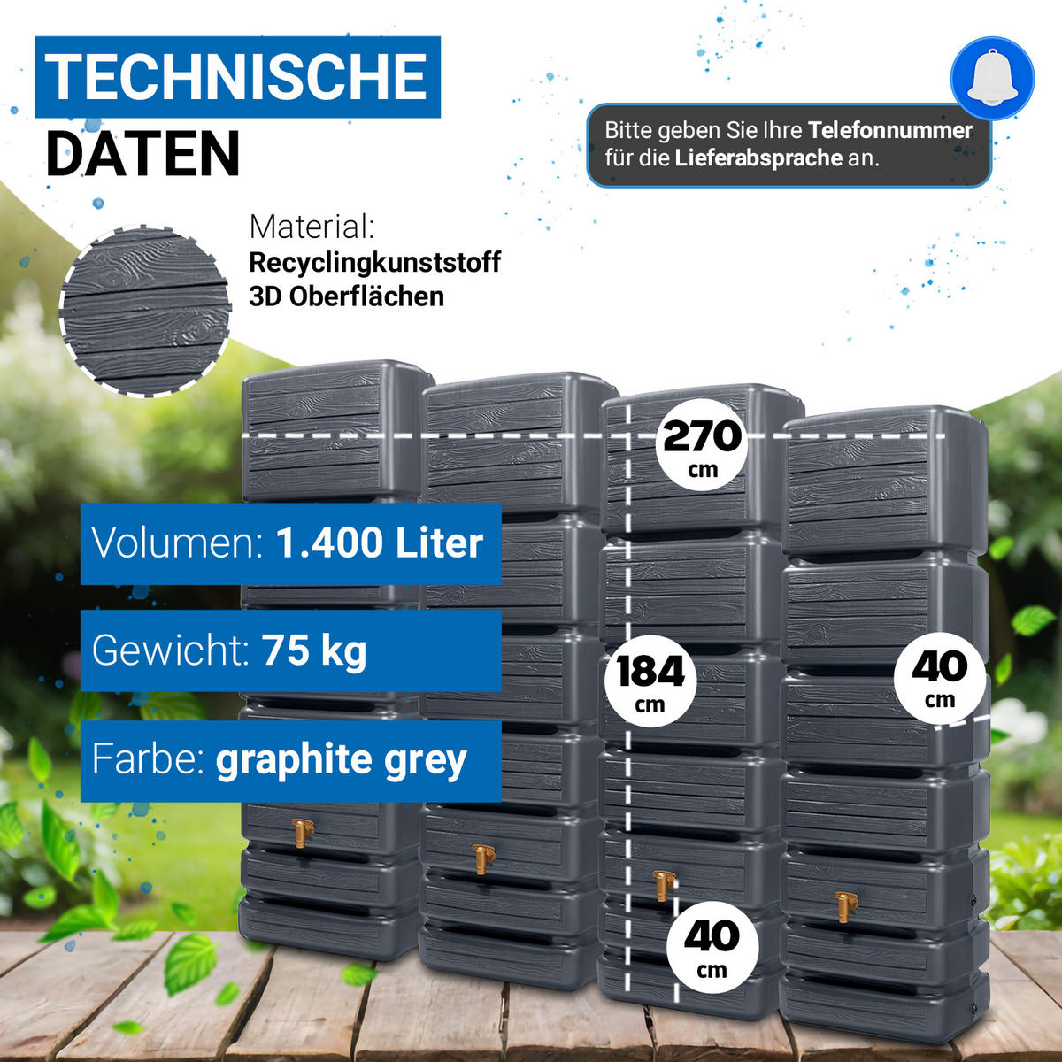 WANDTANK Komplett-Set 1400 L graphite grey 4 x 350 L inkl. Verbindungsset, Kunststoff-Auslaufhahn und Fallrohranschluss - Grau, Kunststoff (270/184/39cm) - 4rain