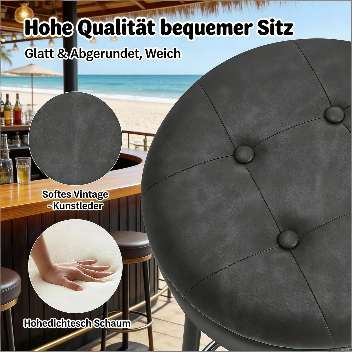 BARHOCKER 1er-Set Charcoal mit Aufbewahrungsraum Kunstleder & Höhenverstellbar - Anthrazit, Metall (39/79.5/39cm) - PANGIVO