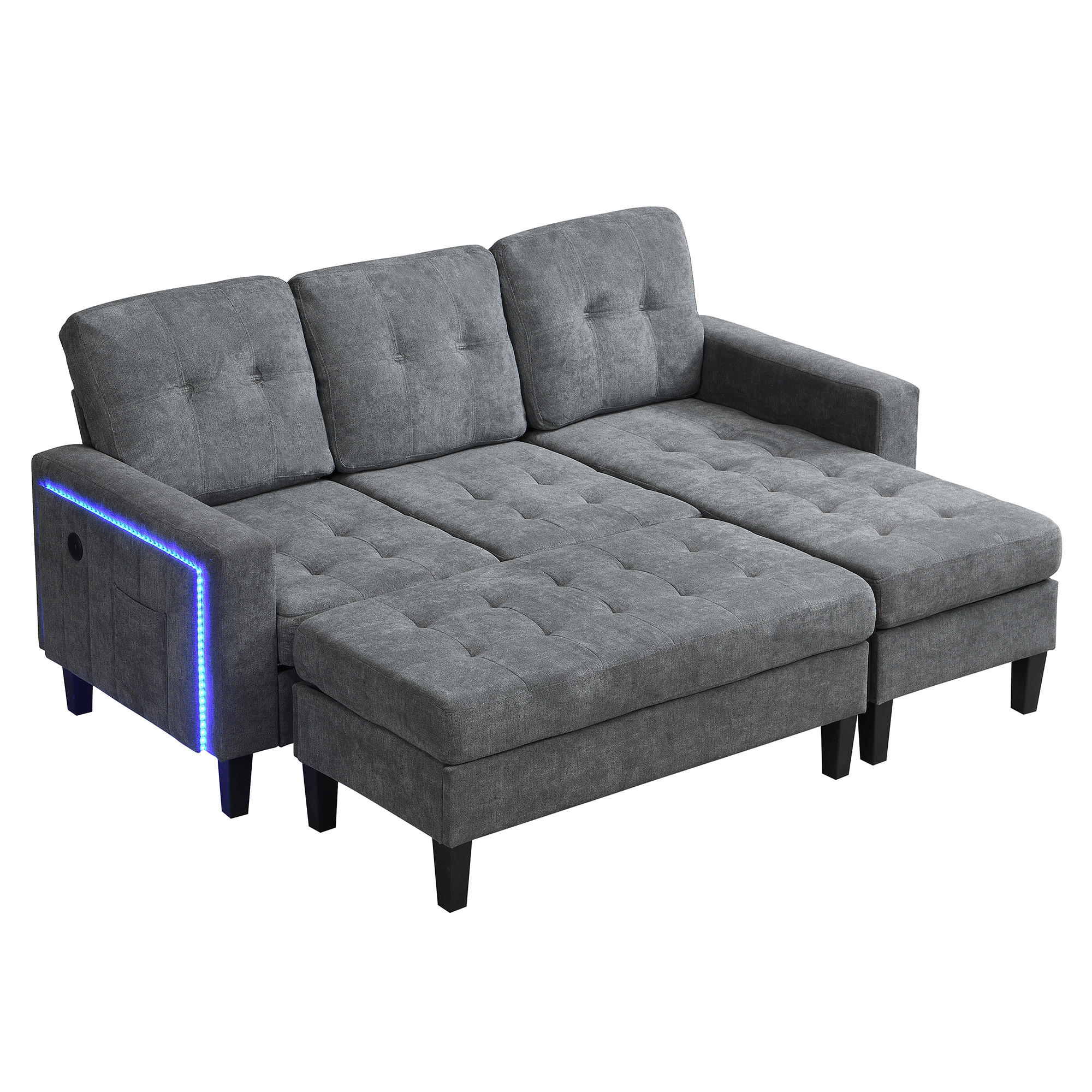 SCHLAFSOFA 185/135/85 cm Antikgrau mit beweglicher Fußbank und LED-Ambiente-Beleuchtung - Dunkelgrau, Textil (185/85/135cm) - Oxeza