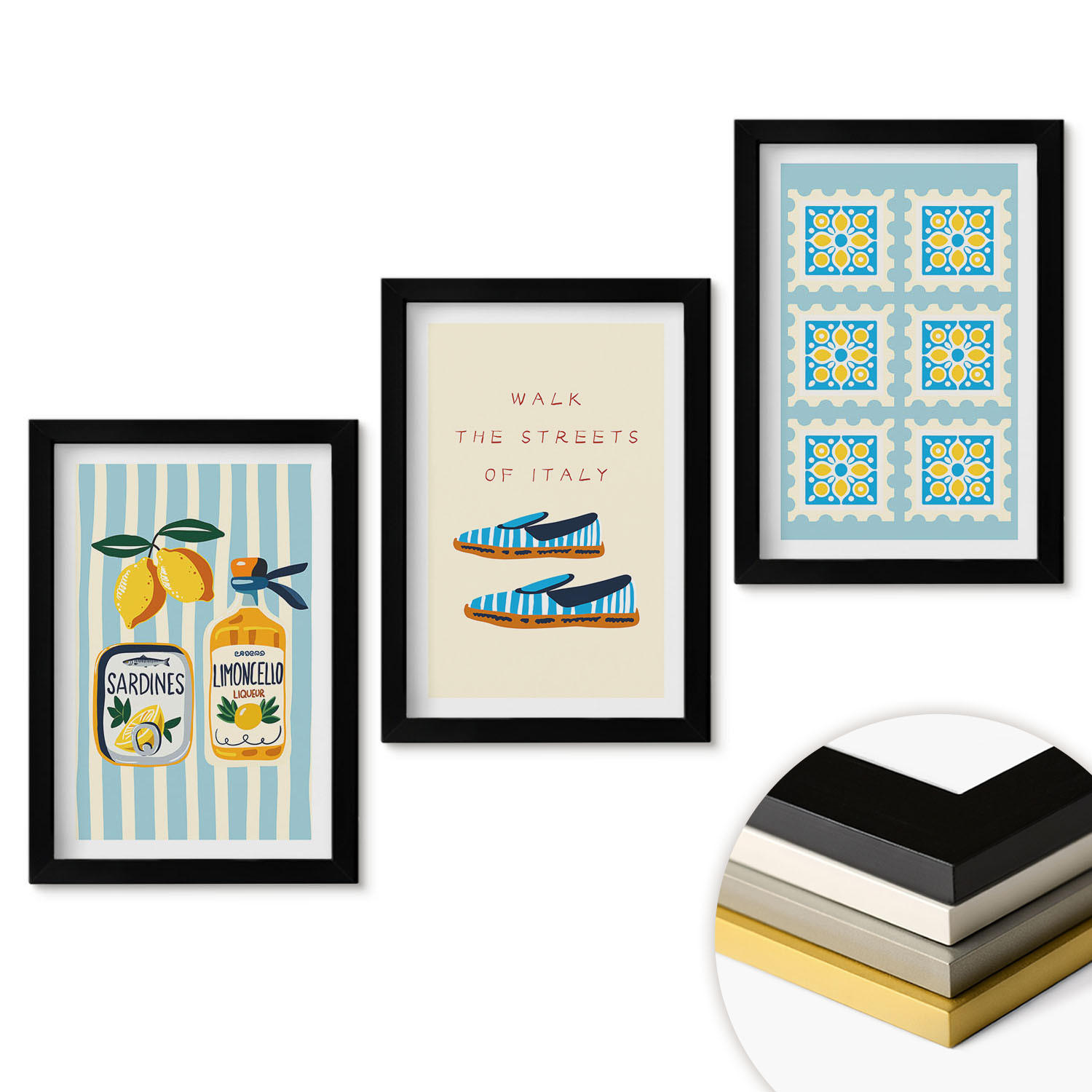 WANDBILDER 3er-Set - 20x30 cm Schwarzer Rahmen - Früchte, Elemente der italienischen Kultur - Schwarz, Kunststoff (20/30cm) - ArtPrintCave