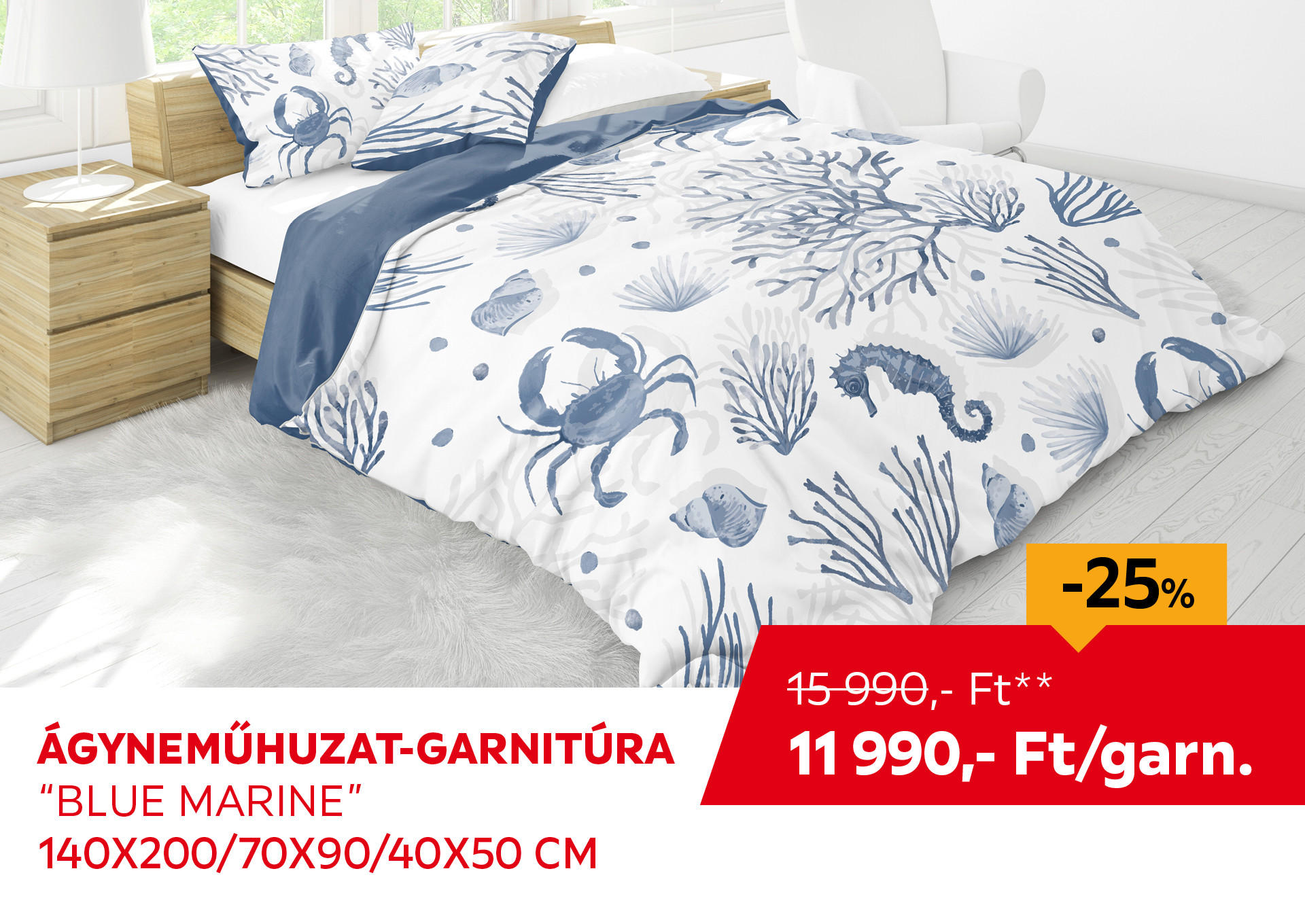 ÁGYNEMŰHUZAT-GARNITÚRA "BLUE MARINE" 140x200/70x90/40X50 cm Kiemelt termék 15990 Ft.- helyett 11990 Ft.-