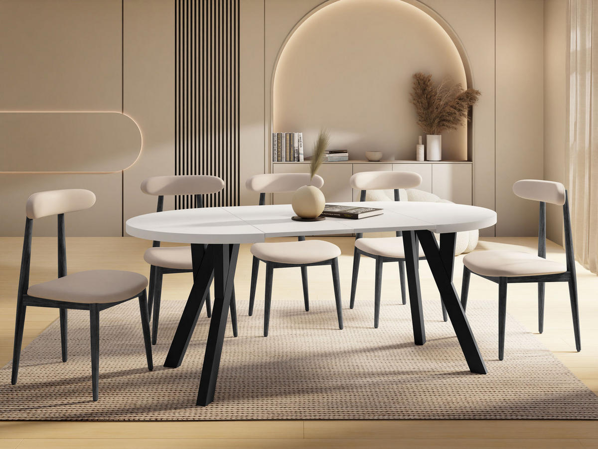 ESSTISCH Vero rund ausziehbar verlängerbar, Weiss 90-190/90/77 cm - Schwarz/Weiß, Holz/Holzwerkstoff (90/90/77cm) - WFL GROUP