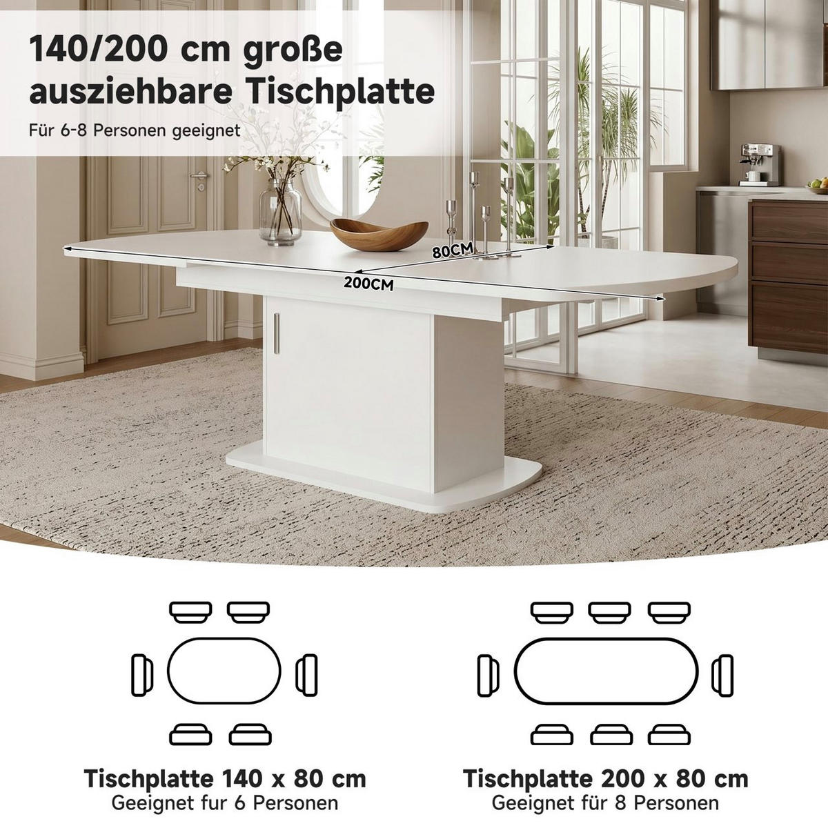 ESSTISCH Multifunktionaler Arbeitstisch mit ausziehbarer Funktion und Stauraum, Schränke unter Tisch, Esszimmer - Weiß, Holzwerkstoff/Metall (200/80/75cm) - EVRYAE