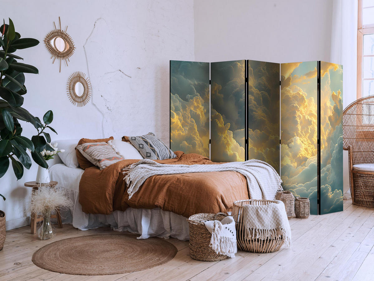 PARAVÁN Akustický 5-dielny 225x172 cm Nebo Plné Oblakov - žltá, drevo/textil (225/172/3cm) - Muralo
