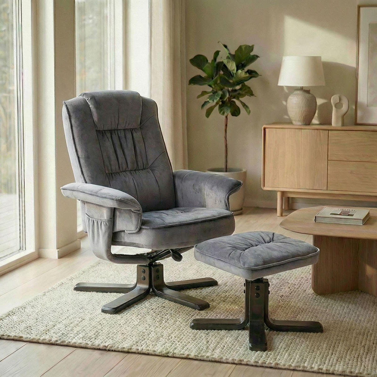 RELAXSESSEL SAMTSTOFF, SET MIT HOCKER CHARLES - Grau, Textil (76/87/61cm) - IDIMEX