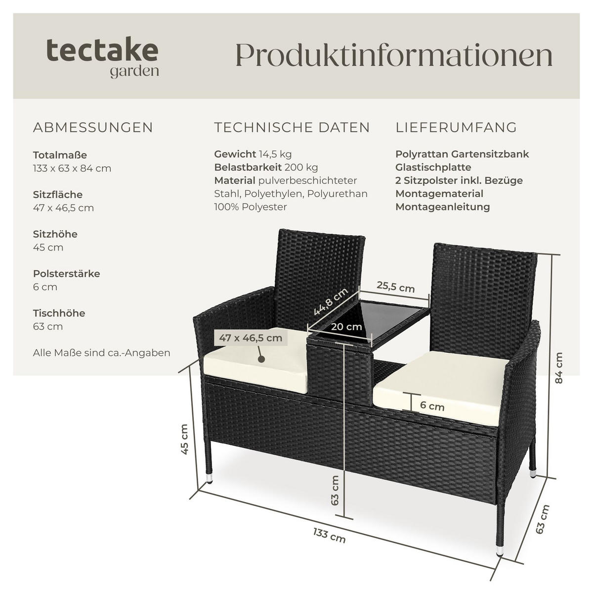RATTAN GARTENSITZBANK Narbonne, 6 cm Sitzpolster, schwarz/beige - Beige/Schwarz, Kunststoff (61/82/131cm) - tectake