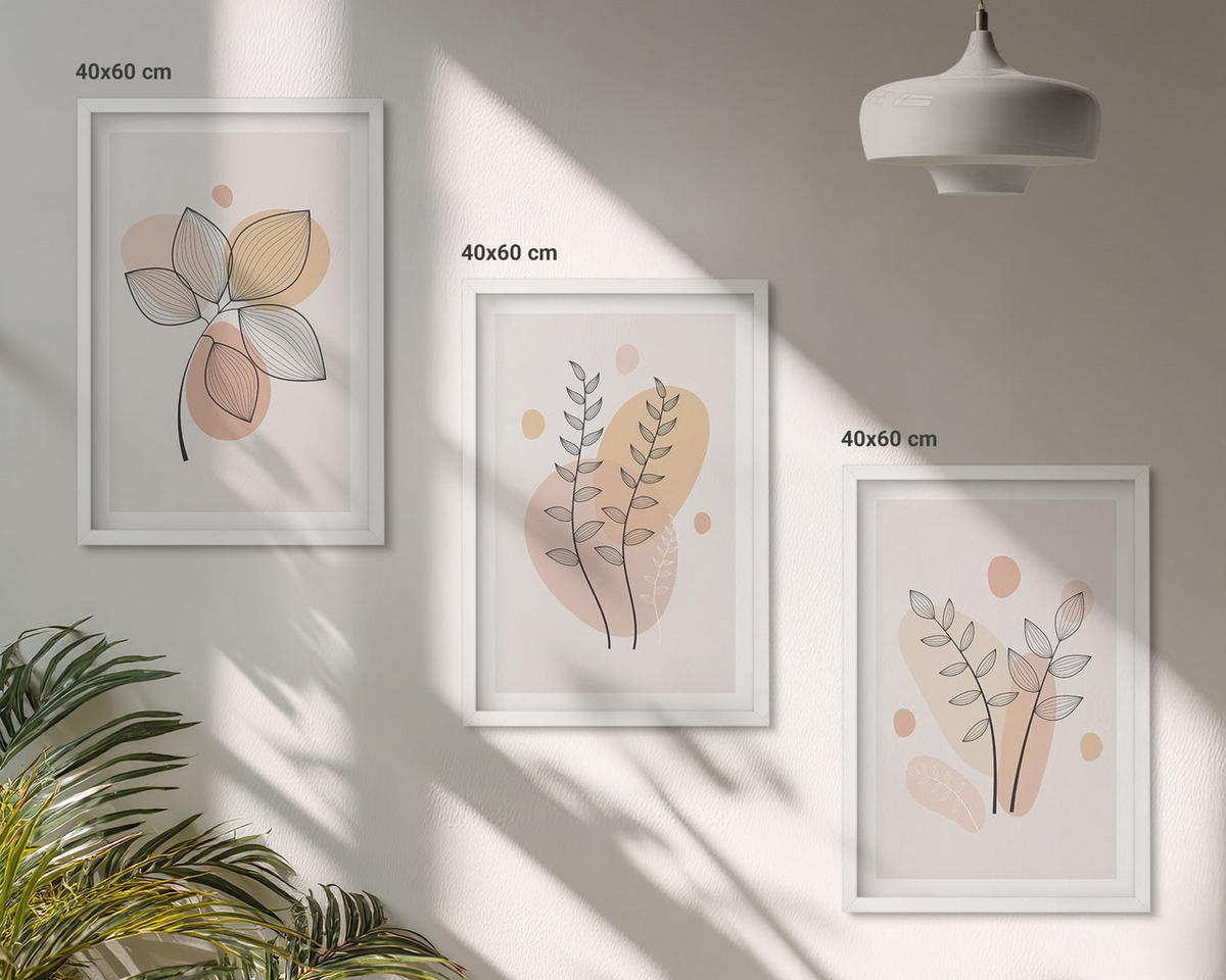 BILDER SET 3er Set - 40x60 cm Weißer Rahmen - Pastellfarbene Pflanzenzeichnungen - Weiß, Kunststoff (40/60cm) - TULUP