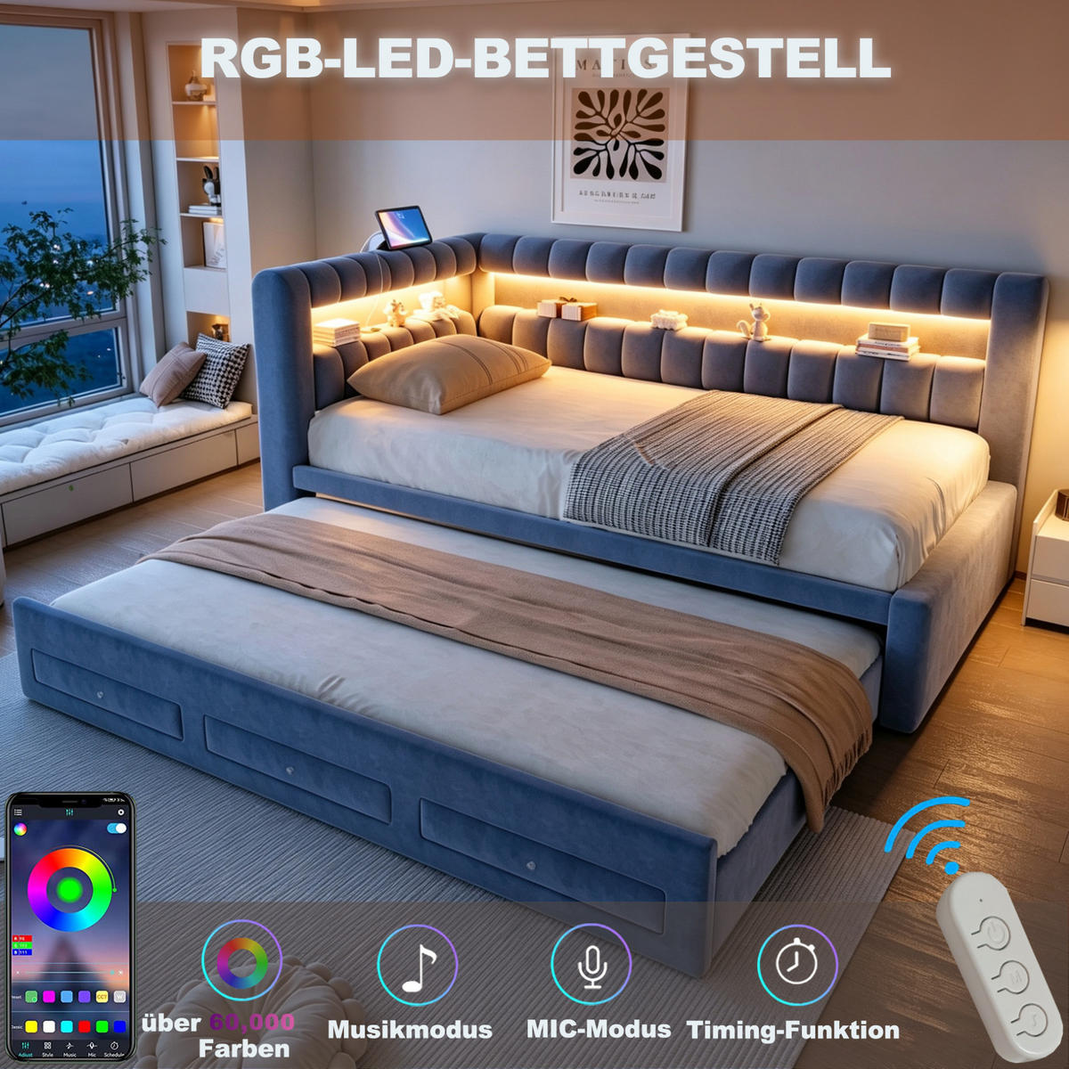 POLSTERBETT Schlafsofa aus Samt 90x190 cm Dunkelgrau mit Ausziehbett, Schubladen, LED und USB-/Typ-C-Anschlüssen - Grau, Textil (90/190cm) - Modfu