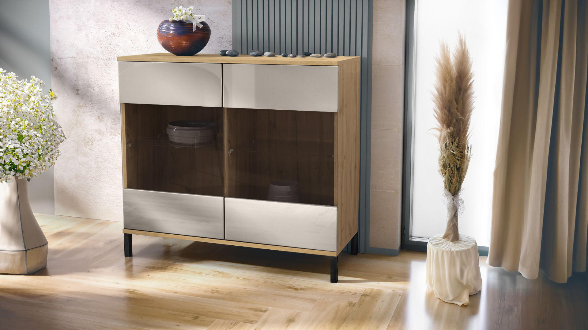 KOMMODE Bari Sandgrau Hochglanz - Sandfarben, Holzwerkstoff (92.5/83.5/35cm) - Vladon