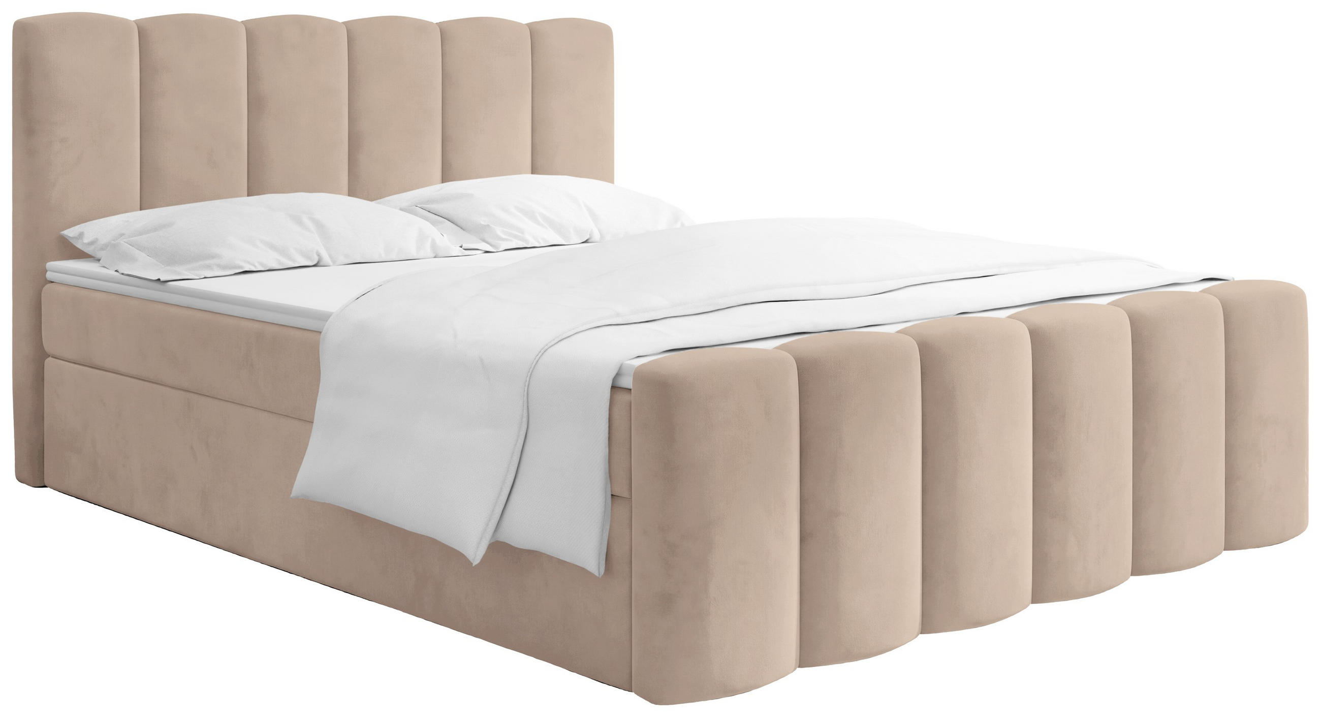 BOXBETT Serenity mit Bettkasten, Dunkelbeige Samt 160x200 cm – inkl. H4 Taschenfederkern Matratze & Foam Topper - Hellbraun/Schwarz, Holz/Holzwerkstoff (160/200cm) - WFL GROUP