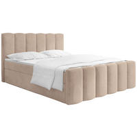 BOXBETT Serenity mit Bettkasten, Dunkelbeige Samt 180x200 cm – inkl. H4 Taschenfederkern Matratze & Foam Topper - Hellbraun/Schwarz, Holz/Holzwerkstoff (180/200cm) - WFL GROUP