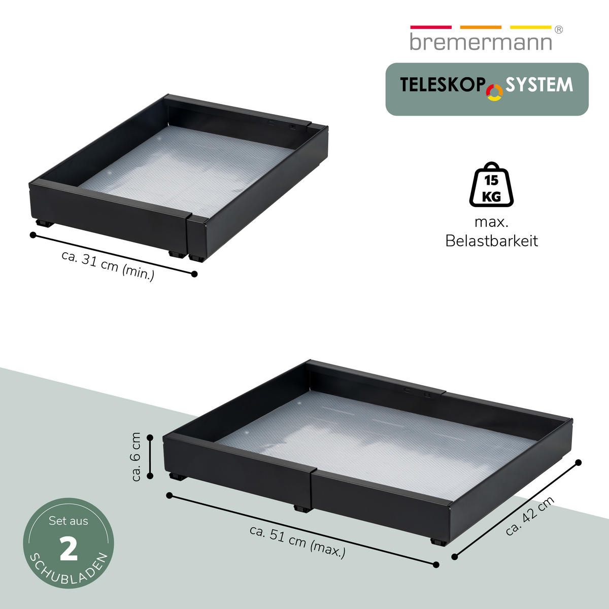 TELESKOPSCHUBLADEN (2er Set), ausziehbar, Metall, schwarz - Schwarz, Metall (51/6/42cm) - bremermann