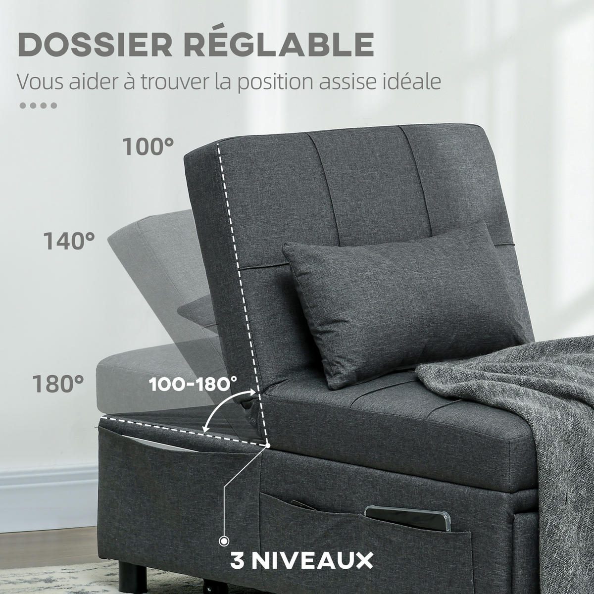 SCHLAFSESSEL 3-in-1 DE-14665 verstellbare Rückenlehne & Rollen Grau - Grau, Textil (104/81/65.5cm) - ComfortXL