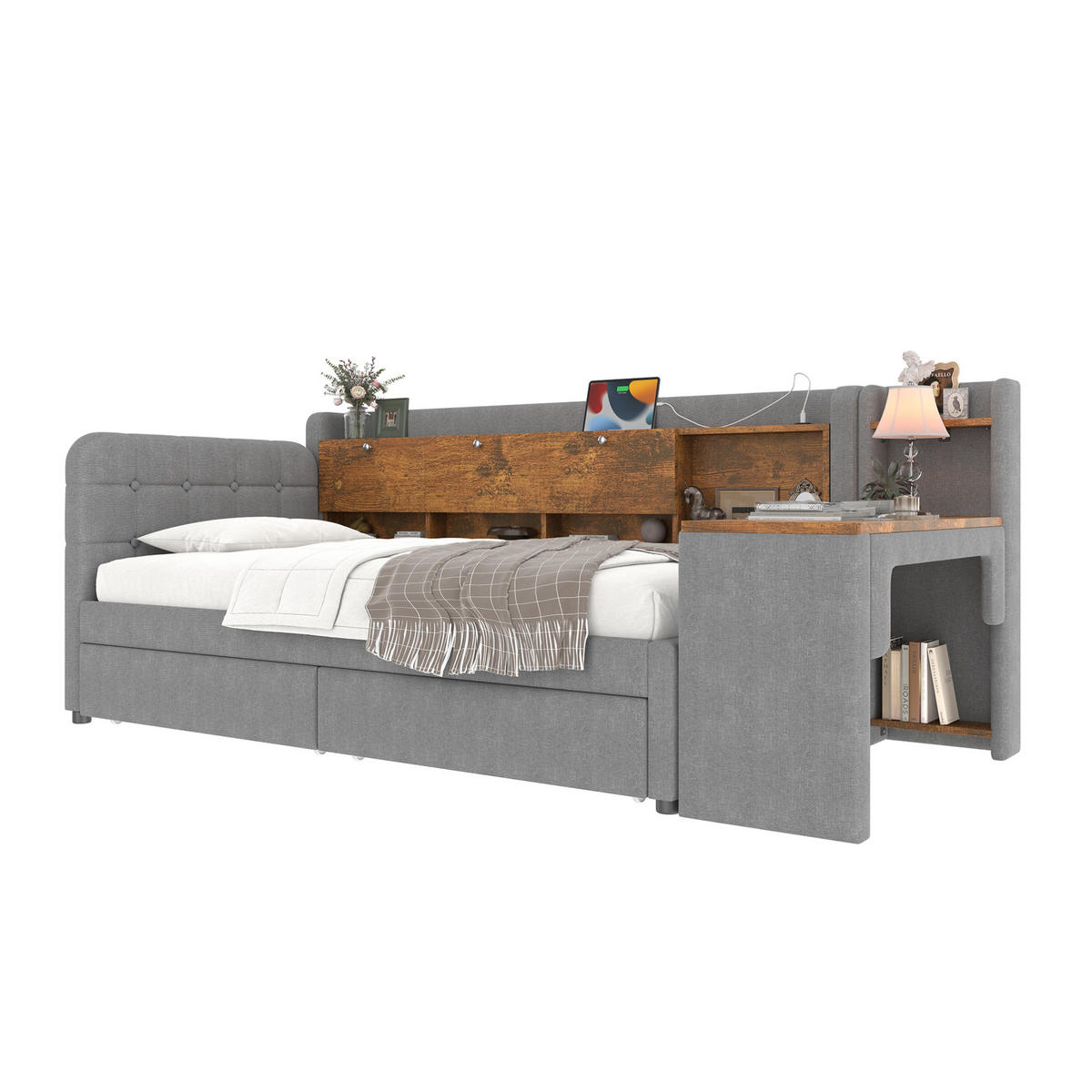 POLSTERBETT 90/200 cm Grau mit 2 Schubladen, Schreibtisch und USB - Grau, Textil (90/200cm) - Flora Grace