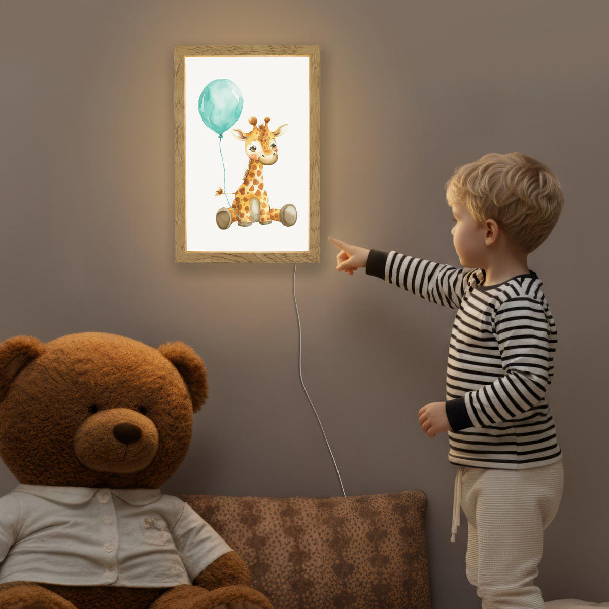 NACHTTISCHLAMPE Giraffe - Baby - Tiere - Blauer Ballon 20x30 cm - Weiß, Holzwerkstoff (8/20/30cm)