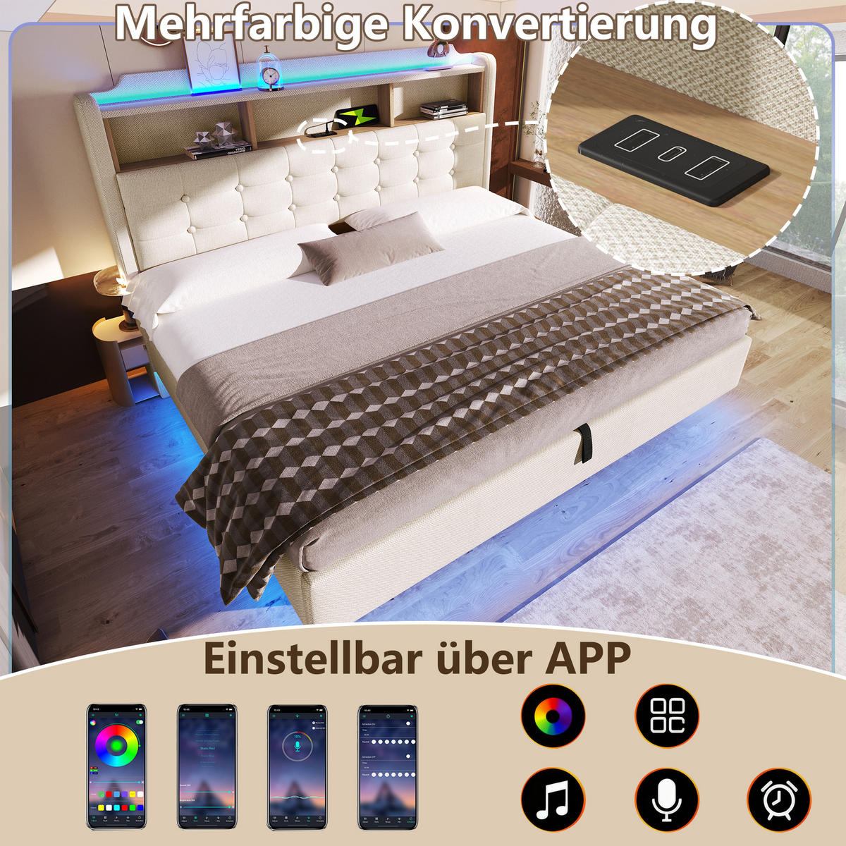 POLSTERBETT 180/200 cm in Beige mit LED, USB, Type-C und Stauraum aus Leinen und MDF - Beige, Holzwerkstoff/Textil (180/200cm) - STILVORA