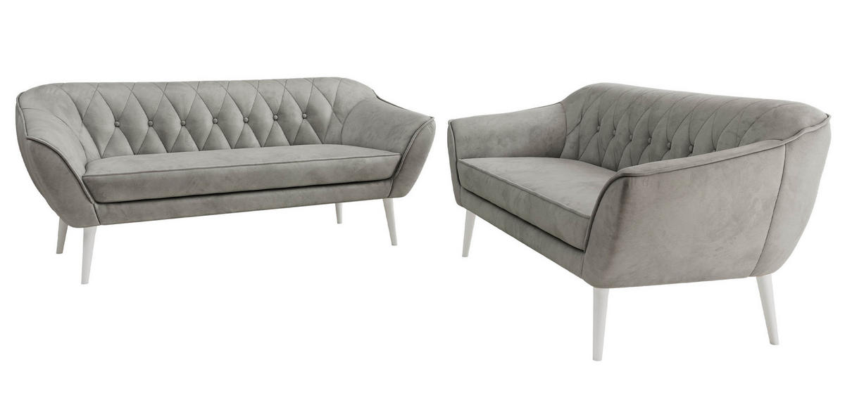 SITZGARNITUR PIRS 3+3 - Hellgrau Velvet - Weiße Beine - Hellgrau/Weiß, Holzwerkstoff/Textil (180/75/74cm) - MKS