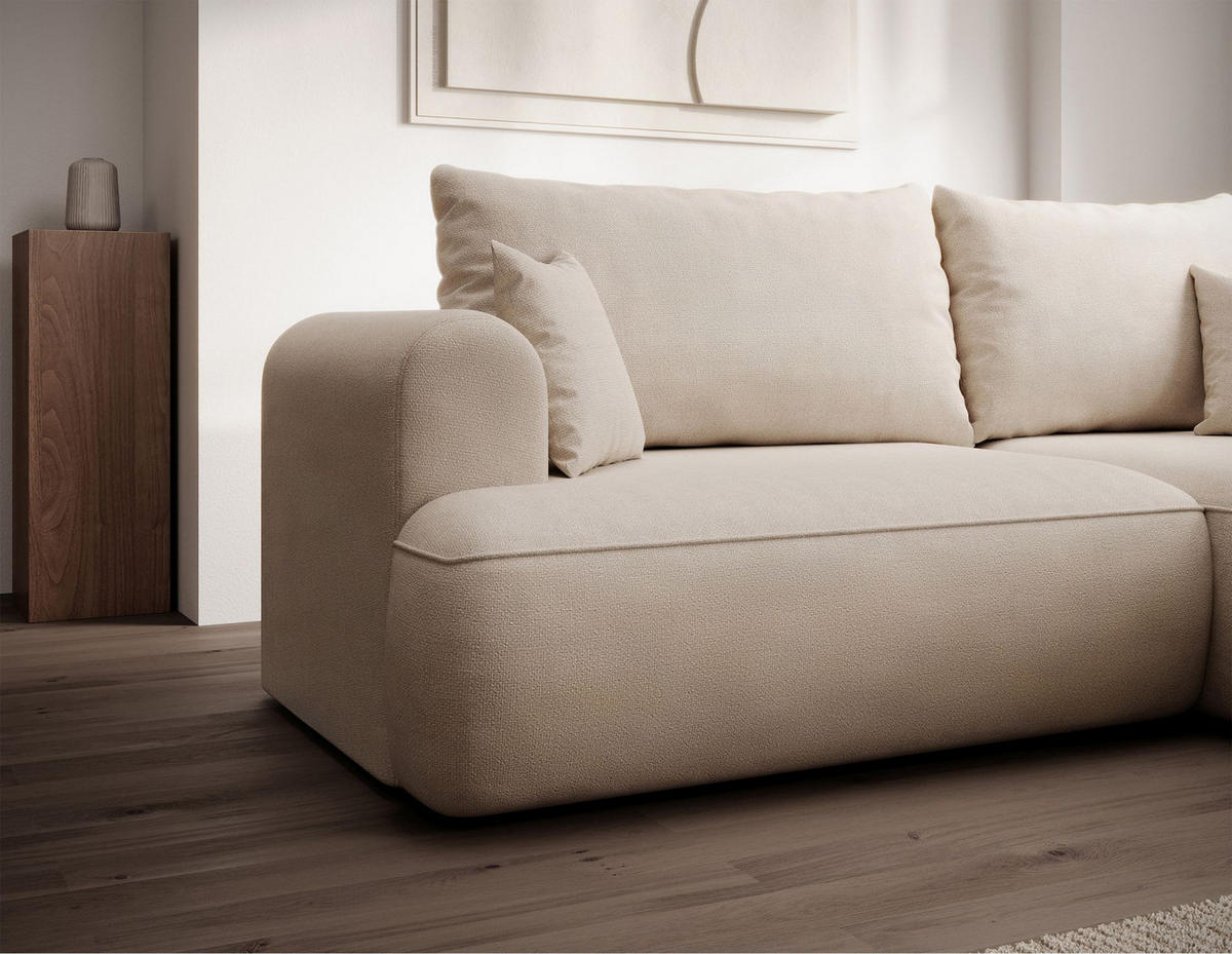 ECKSCHLAFSOFA Ovo Mini Creme Easy-Clean-Chenille-Bezug - Creme/Schwarz, Kunststoff/Textil (238/156cm) - Selsey