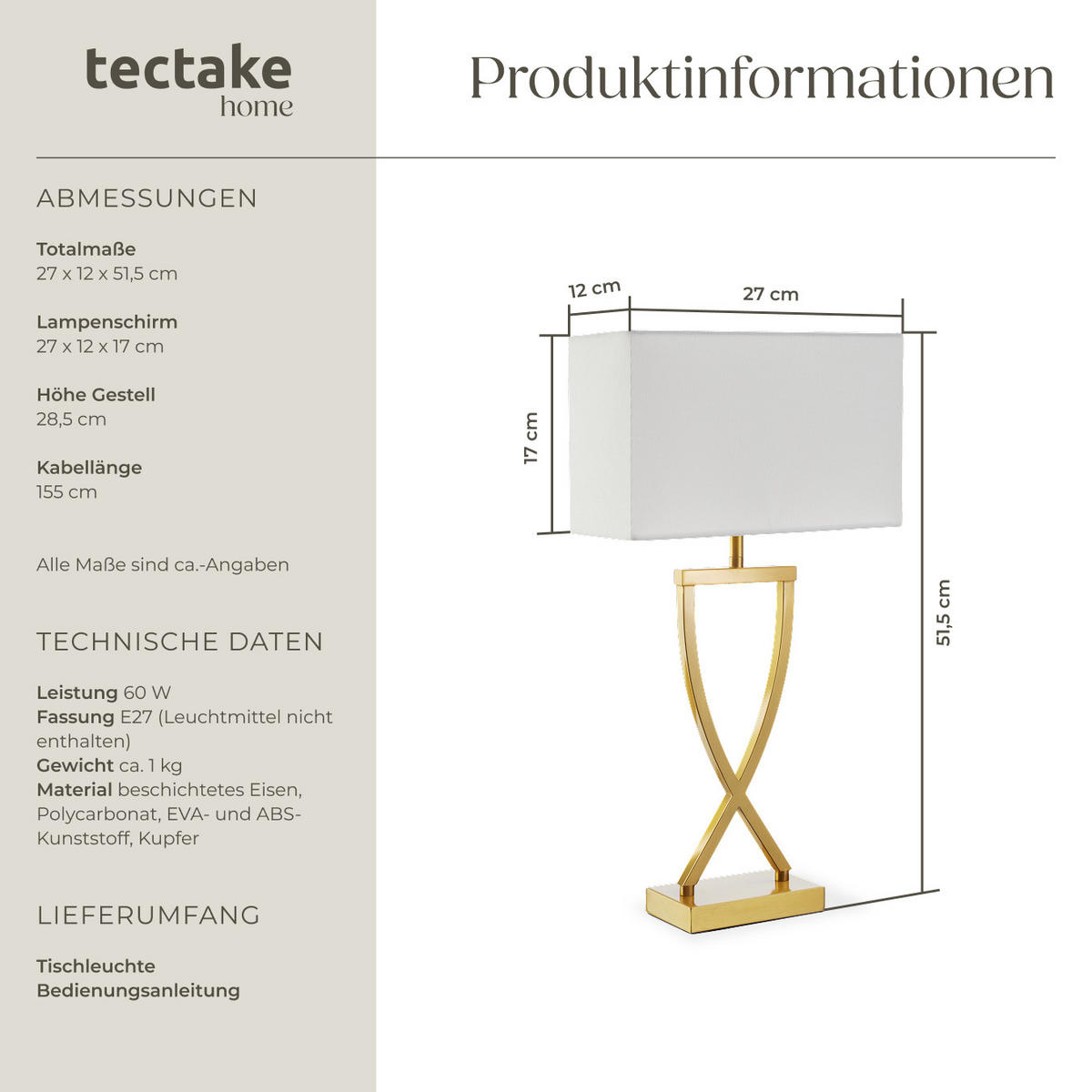 TISCHLEUCHTE Avina,27 x 12 x 51,5 cm,messingfarben - Messingfarben, Metall (12/27/51.5cm) - tectake
