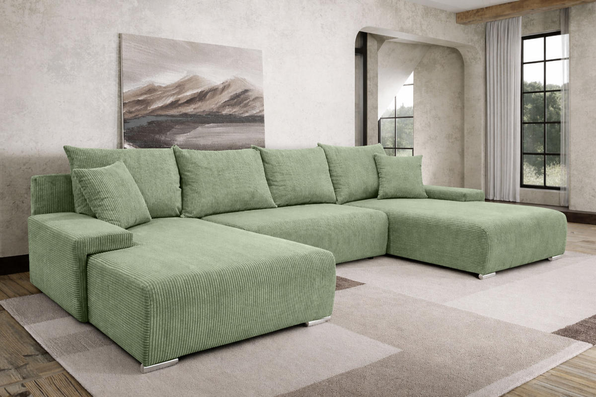 ECKSOFA U-Form Livorno Schlaffunktion Cord-Stoff Hellgrün - Chromfarben/Schwarz, Holz/Kunststoff (348/93/188cm) - Kaiser Möbel