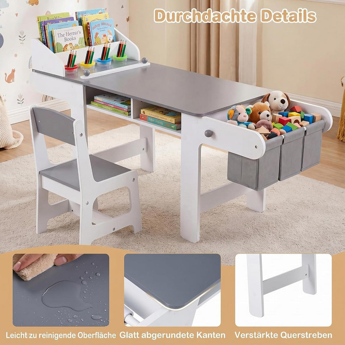 KINDERSCHREIBTISCH-SET mit Stauraum grau(2-tlg) - Grau, Holzwerkstoff (136/67/45.5cm) - COSTWAY