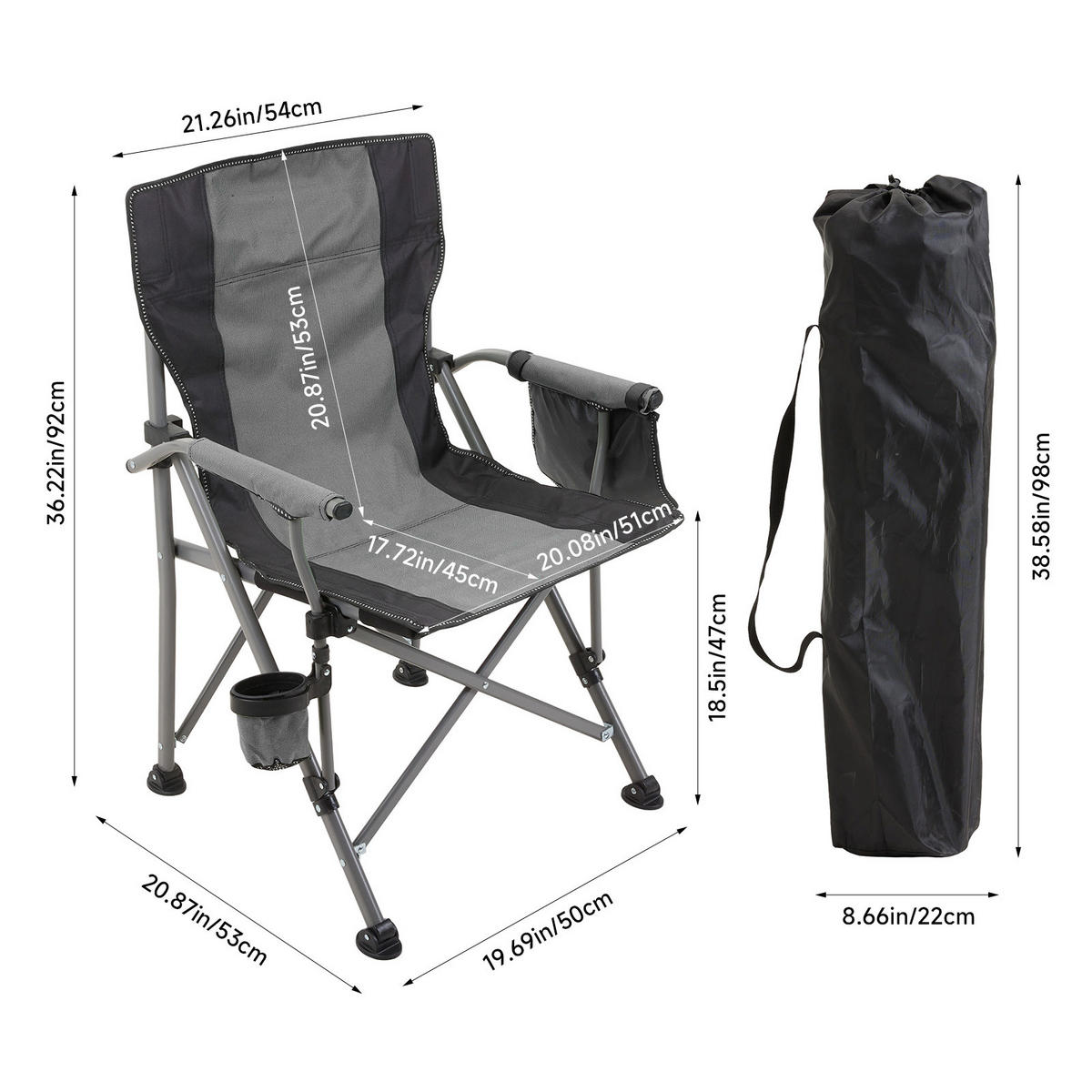 CAMPINGSTUHL aus 600D Oxford-Gewebe + Stahlrohr in Grau Praktische Aufbewahrungstasche Angenehme Atmungsaktivität 54 cm B × 53 cm T × 92 cm H - Grau, Kunststoff (54/92/53cm) - Livingandhome