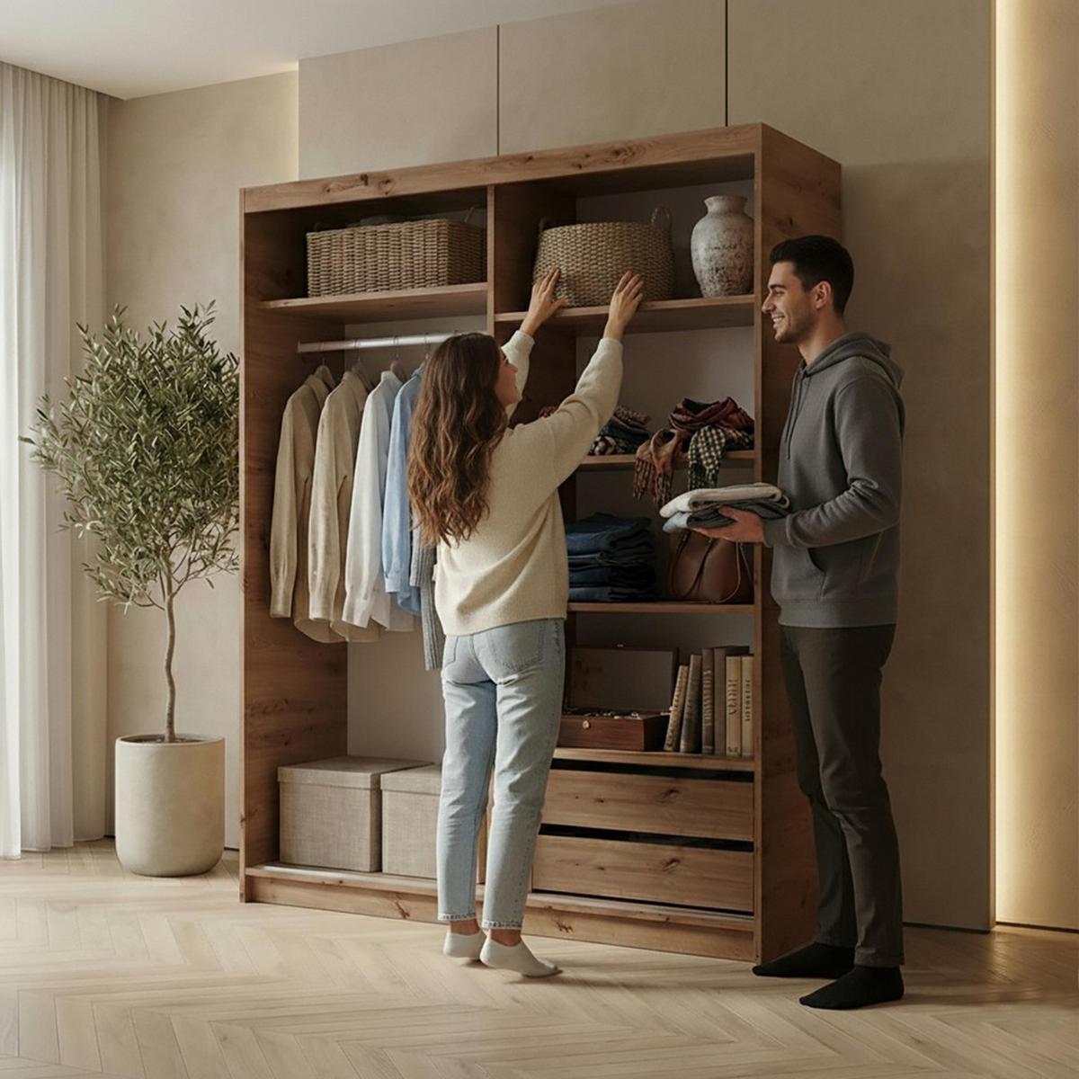 SCHWEBETÜRENSCHRANK Hela 160/205/60 2-türig eiche Artisan/schwarz mit Schubladen - Schwarz/Eiche Artisan, Holzwerkstoff (160/205/60cm) - Beautysofa