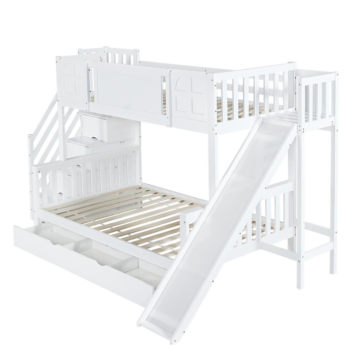 ETAGENBETT 90/120x200 cm mit Rutsche, Stauraumtreppe und Fensterdesign, Weiß - Weiß, Holzwerkstoff (90/200cm) - Redom