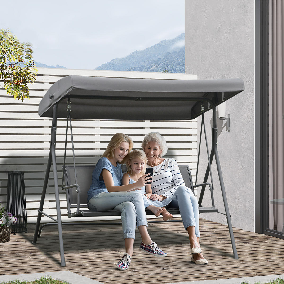 HOLLYWOODSCHAUKEL DE-15224 3-Sitzer mit verstellbarem Dach Grau - Grau, Metall (118/159/175cm) - ComfortXL