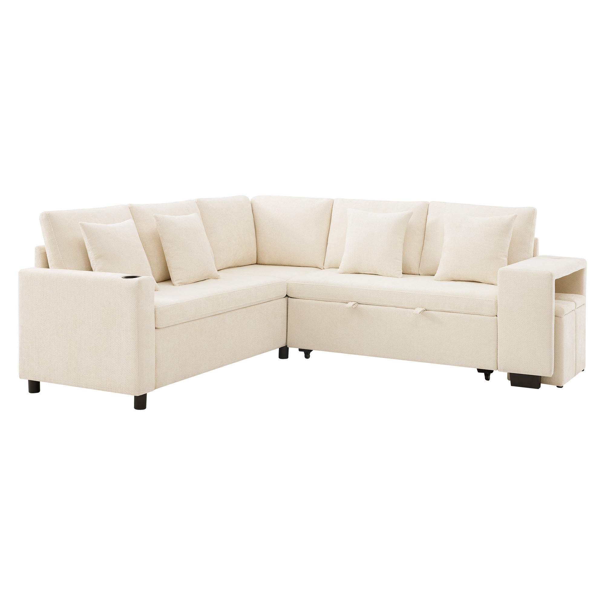 ECKSCHLAFSOFA Chenille Beige mit Stauraum, USB, USB-C und mit Hocker - Beige, Holzwerkstoff/Kunststoff (213/184cm) - WISHDOR