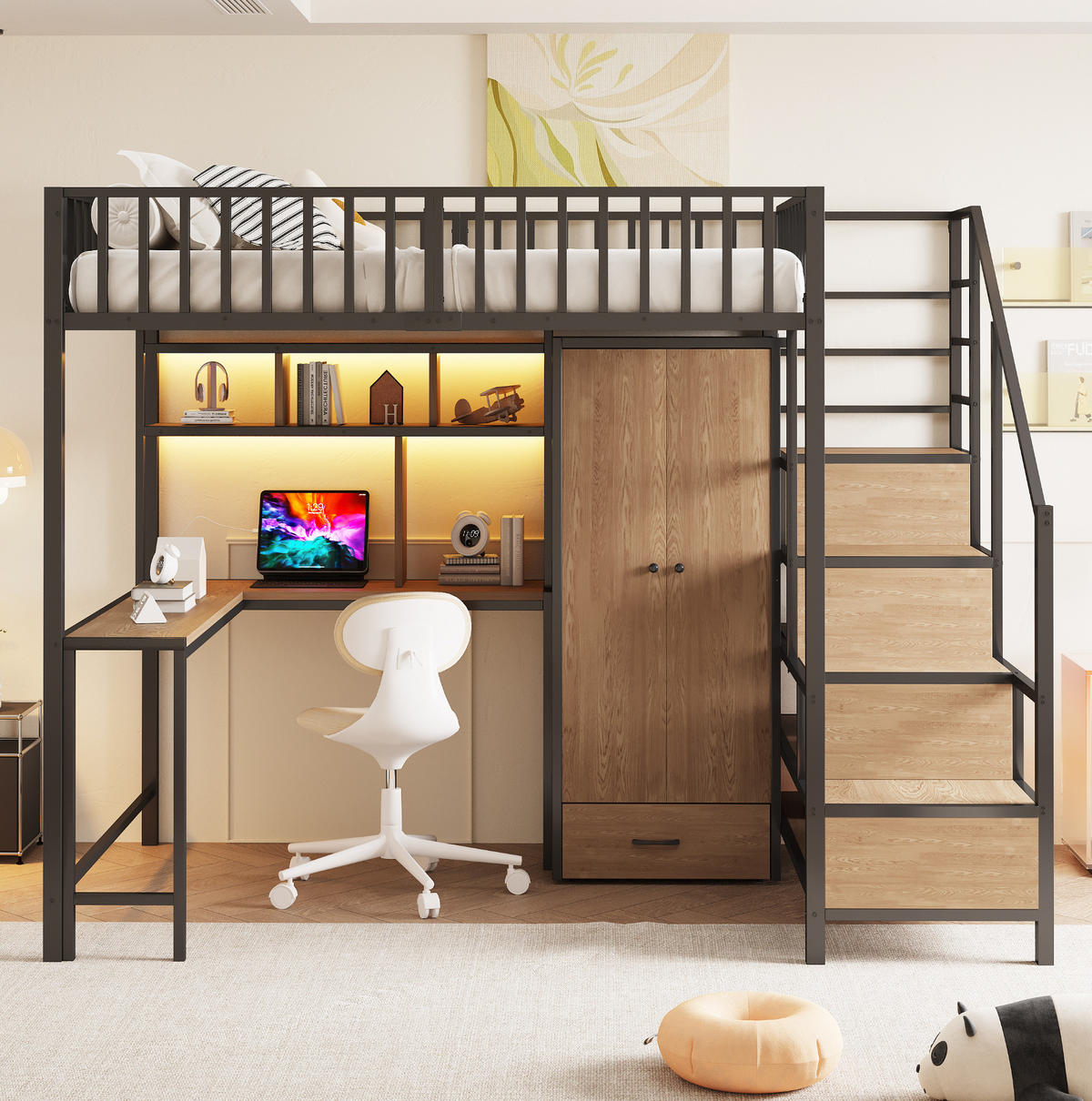HOCHBETT aus Metall 140x200 cm Schwarz mit Schreibtisch, Kleiderschrank, Regalen, LED und Steckdose - Schwarz, Metall (90/190cm) - Modfu