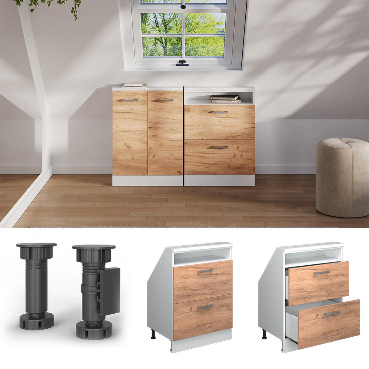 DACHSCHRÄGENSCHRANK Rion Goldkraft Eiche/Weiß mit 2 Schubladen - Honigeiche/Weiß, Holzwerkstoff (60/81.6/46cm) - Vicco