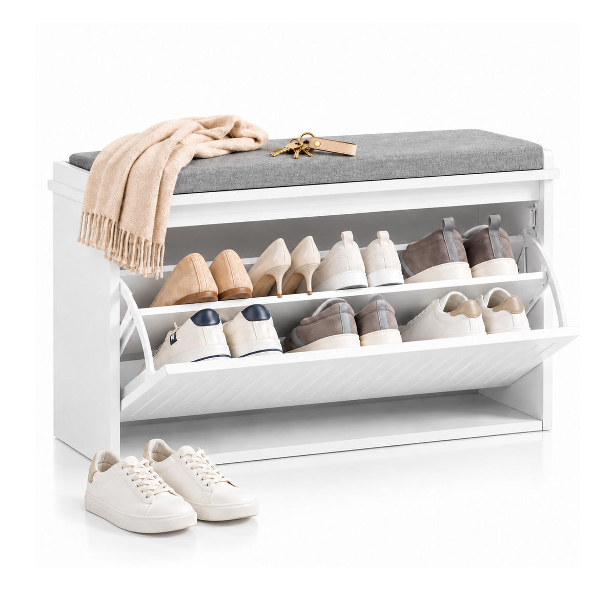 SCHUHBANK weiß, 80 x 45 x 26 cm, Sitzfläche bis 150 kg, 1 Klappe für 6 Paar bis EU 46, abnehmbares Sitzpolster - Weiß, Holzwerkstoff (80/45/26cm) - SoBuy