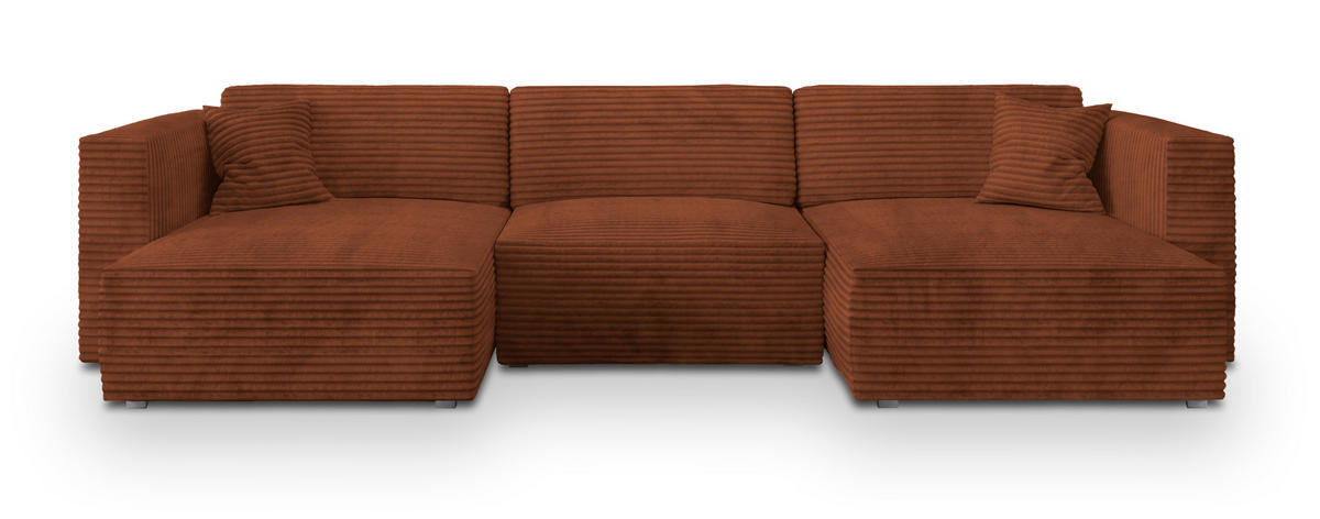 WOHNLANDSCHAFT SARMO Braun Kordstoff mit Schlaffunktion - Braun, Holz (347/90/148cm) - MASSENO