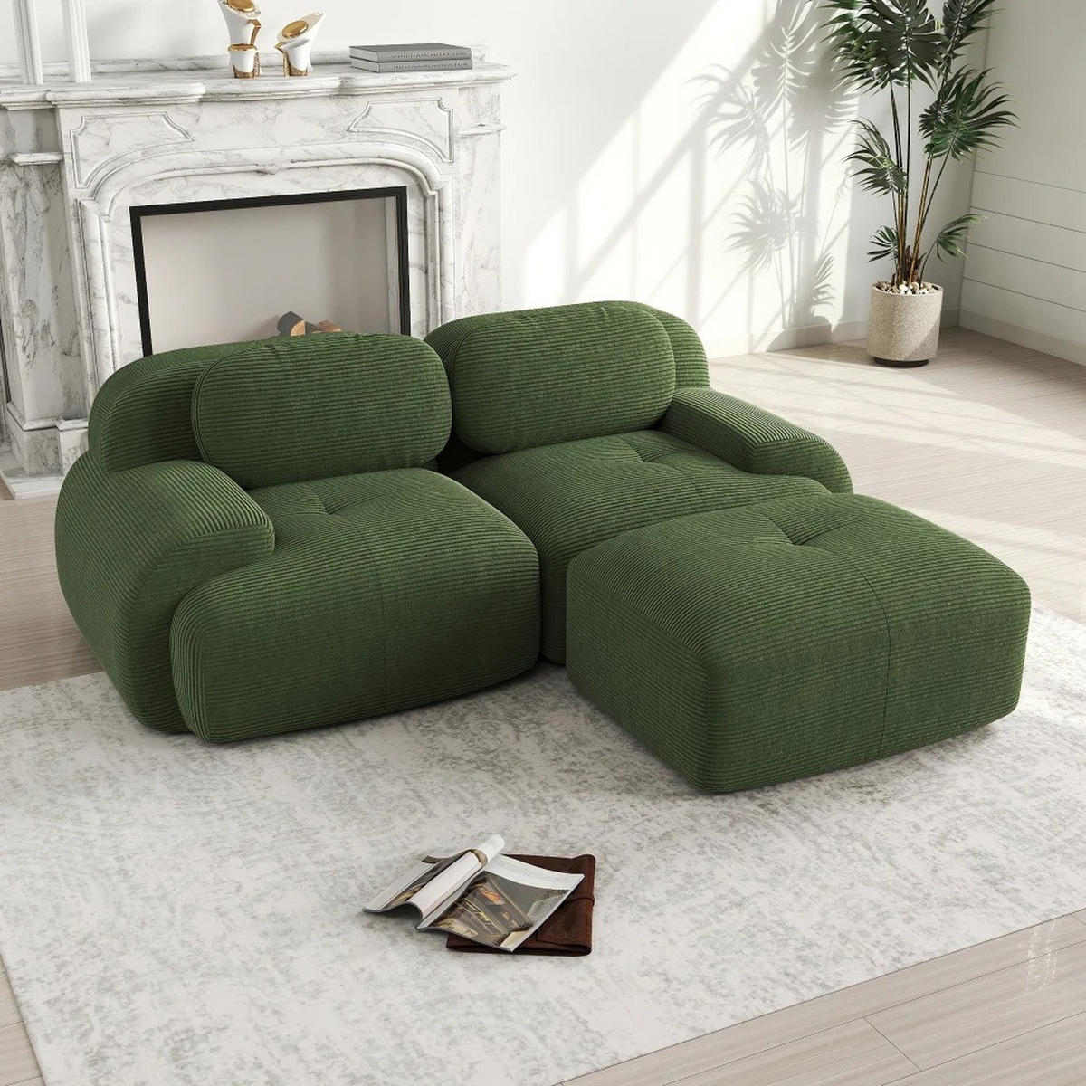 ECKSOFA aus weichem Kordelstoff, modular kombiniert mit gebogenen Armlehnen, Grün - Grün, Textil (208/70/178cm) - Kaket