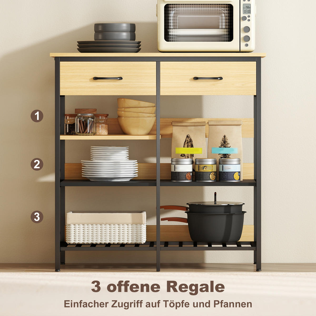SIDEBOARD DE-08700 2 Schubladen & 3 offene Regale Naturholz - Naturfarben, Holzwerkstoff (90/91/40cm) - ComfortXL