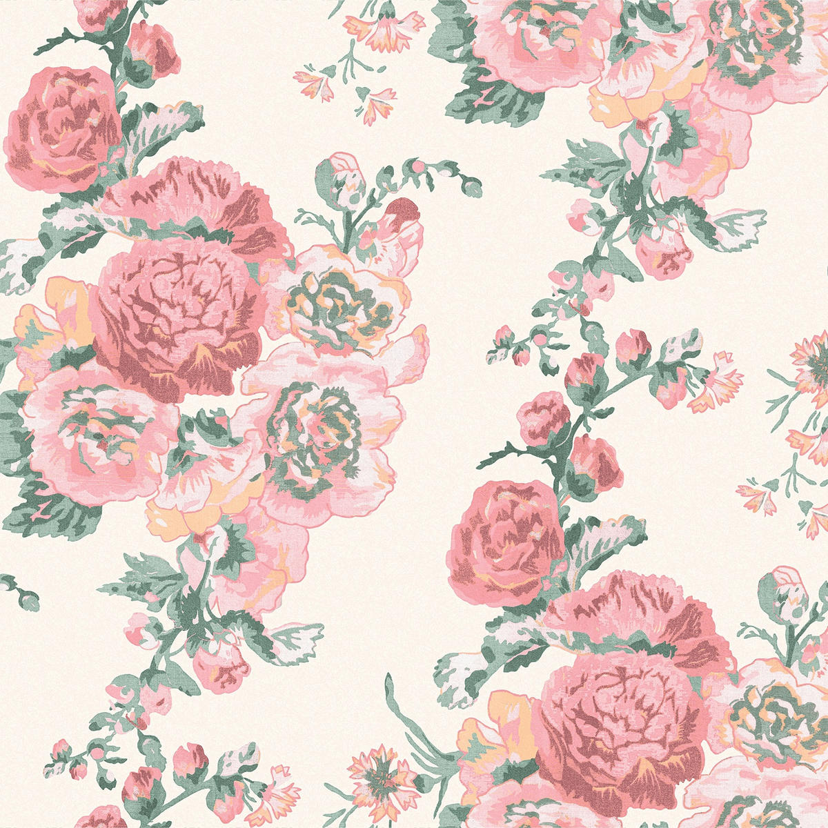 VLIESTAPETE Stockrosen Korallenrosa| Rosa Grün | Blumen | 10mx52cm - Pink, Papier/Kunststoff (52/1000cm) - Graham & Brown