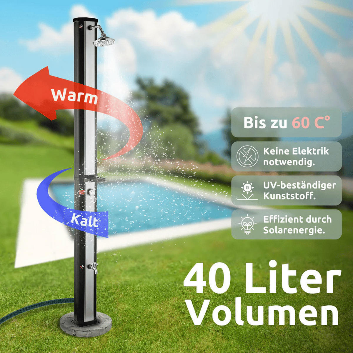 SOLARDUSCHE Outdoor 40 Liter Solar Gartendusche - Schwarz, Kunststoff (19/225/19cm) - DELUKE