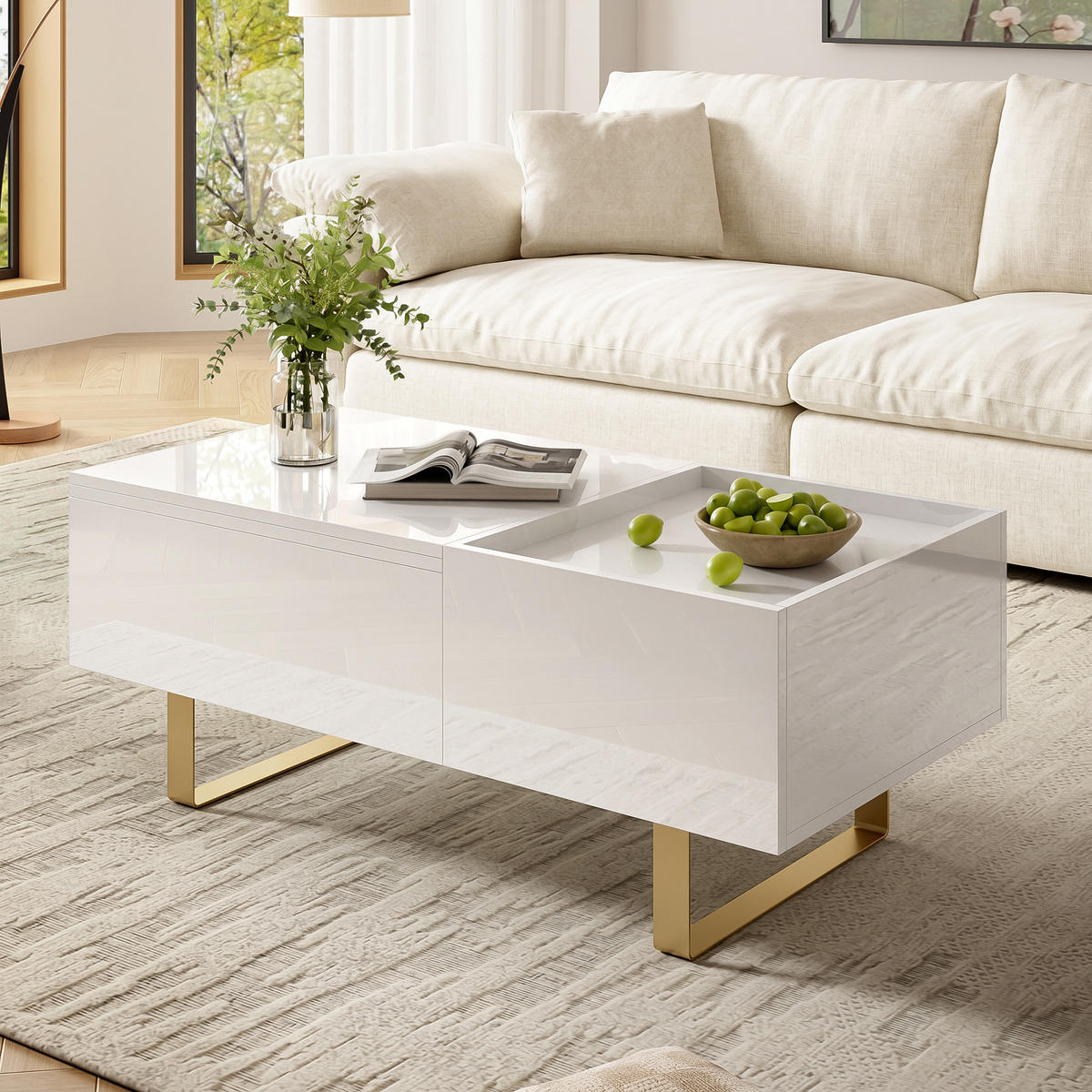 COUCHTISCH Höhenverstellbar MDF Hochglanz Schublade - Weiß, Holzwerkstoff (50/100/54.5cm) - FLIEKS