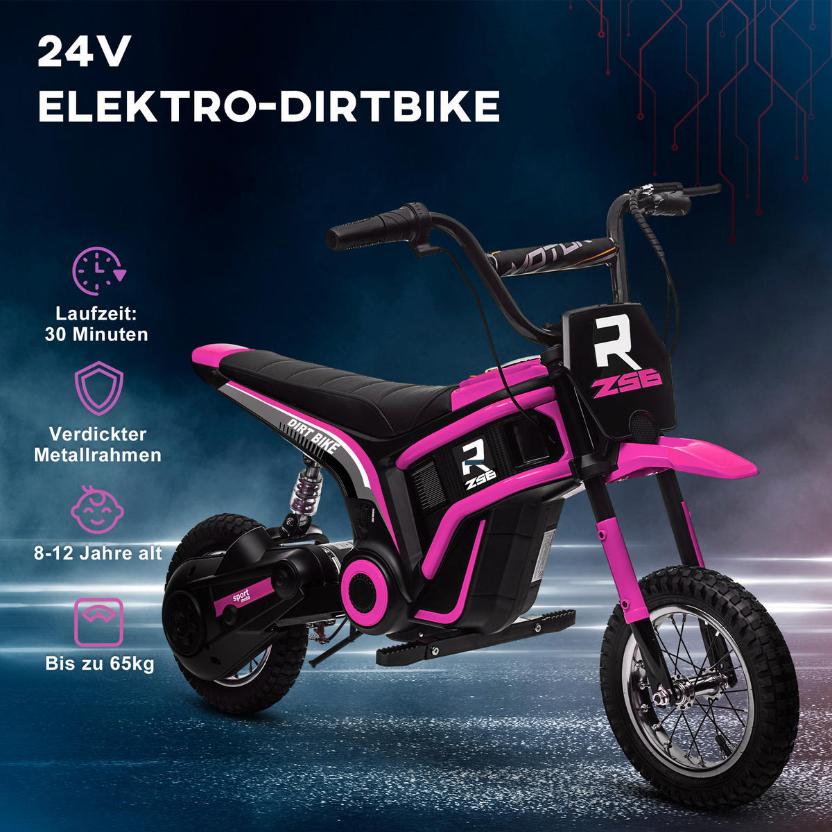 ELEKTRO Motorrad Kinder Elektromotorrad mit 24V 350W Motor, 8-16 KMH Rosa - Rosa, Kunststoff (119/64/76.5cm) - HOMCOM